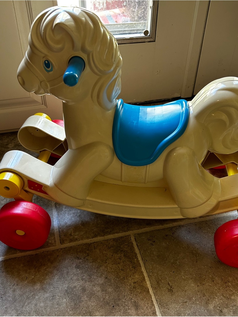 1985 PlaySkool Kids Rocking Horse Ride-On Toy - Blue Seat, Red Wheels